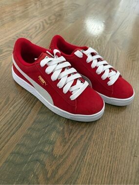 Brand new in box*Puma Kid’s Red Suede Sneakers with White Accents